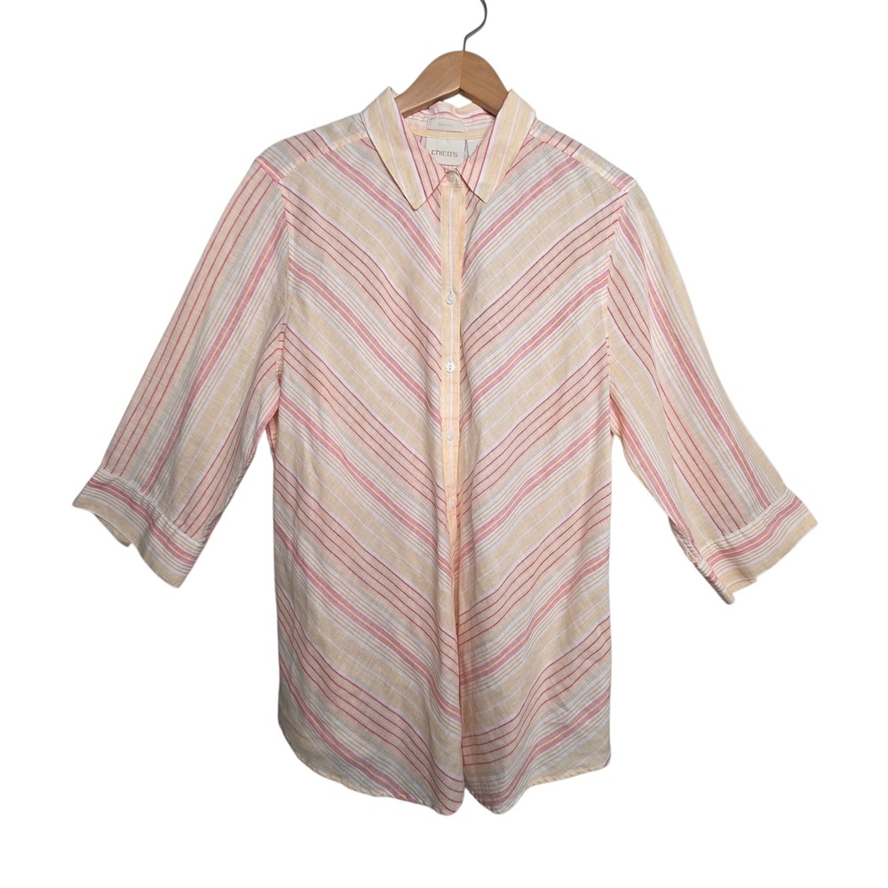 Chico's Womens Orange Pink Linen Stripe Button Down Shirt Size 3 L/XL No Iron